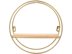 Estantería redonda nórdica de pared en hierro dorado con tapa de madera natural, diseño geométrico flotante para salón. SFUSHOS