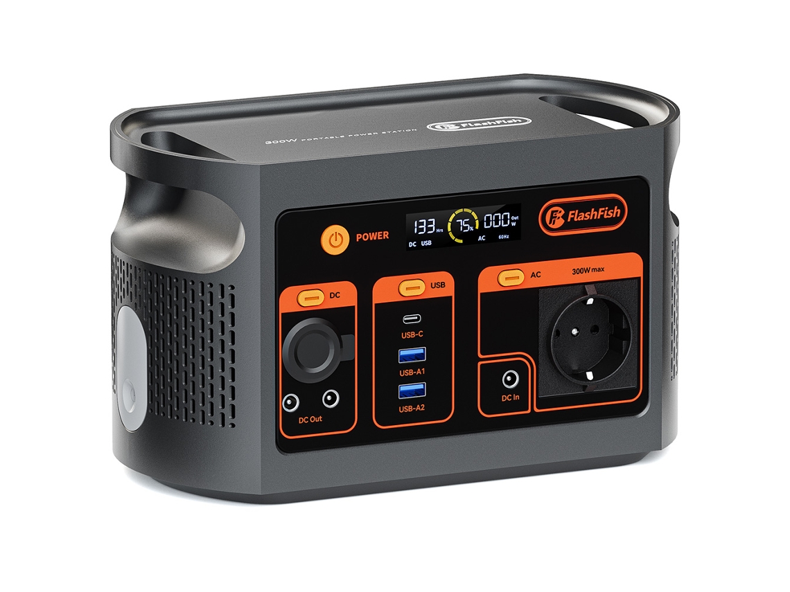 Estación de energía portátil Flashfish E103 de 300 W y 179 Wh con batería Lifepo4, inversor de onda sinusoidal de carga rápida para camping y emergencias al aire libre.