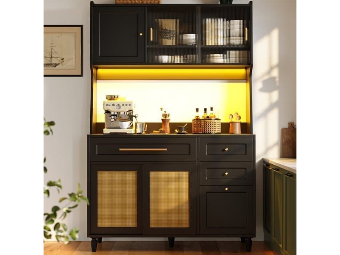 Armario De Cocina - Con 3 Cajones - Con Estantes Ajustables Y Led - Rattan Pe - Negro