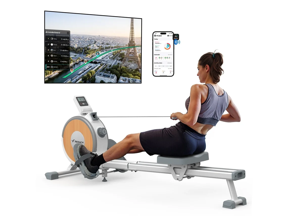 Remo Magnético MERACH, 16 Niveles de Resistencia, Ultra Silencioso, 160kg, LCD, Bluetooth, Plegable, Soporte para Tablet, Compatible con Kinomap