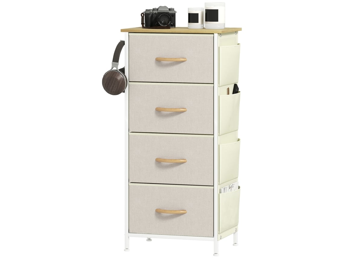 Cómoda De Tela De 4 Cajones, Unidad De Almacenamiento Con 4 Bolsillos, 2 Ganchos, Estructura De Acero, 45 X 30 X 94,5 Cm, Beige