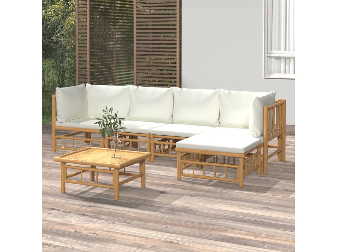Conjunto de jardín de bambú de 6 piezas con cojines en blanco crema, Dkd Home Decor