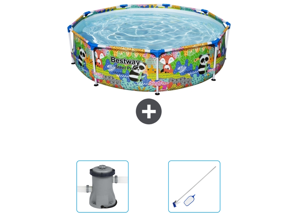Piscina BESTWAY Round Steel Pro - 274 x 66 cm - Animal print - Incluida Bomba - kit de limpieza