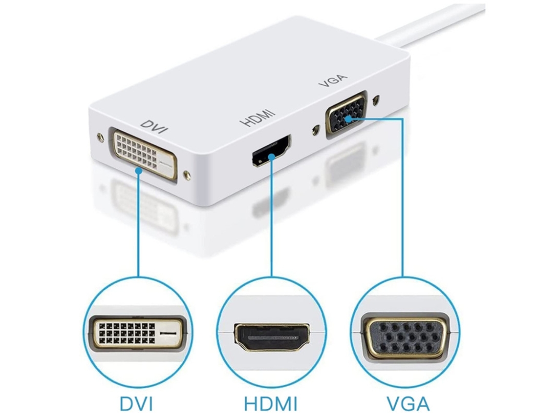 Cable Adaptador Mini Displayport 3 en 1 y Thunderbolt a Hdmi Dvi Vga YIZHOOD Inf085 Blanco
