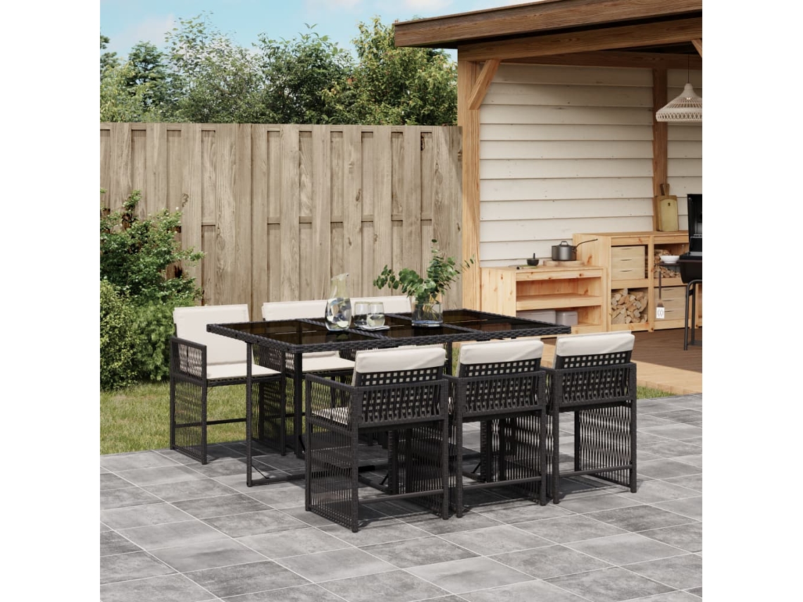 Juego de comedor de jardín de 7 piezas con cojines, mimbre sintético negro, DKD Home Decor
