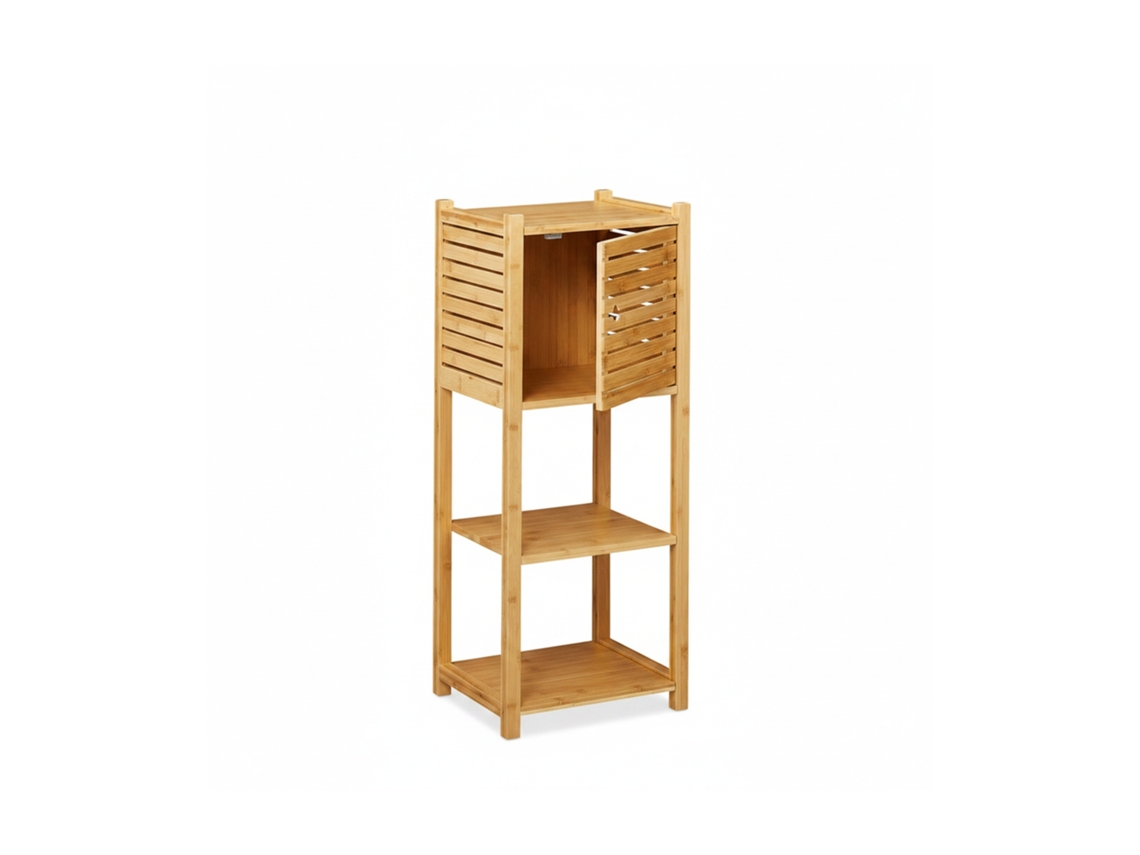 Relaxdays Estantería De Bambú Para Baño, Tres Estantes, 1 Compartimento Con Puerta, 87,5 X 35 X 29 Cm, 1 Ud., Marrón