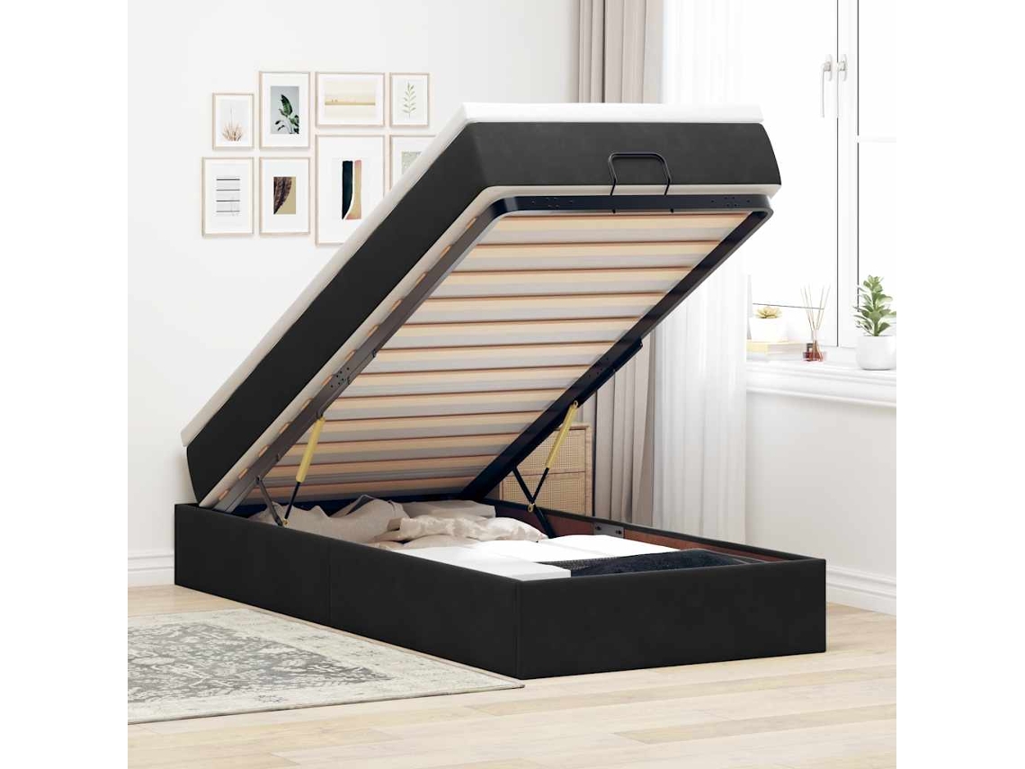 Estructura cama otomana colchón terciopelo negro 90x200 cm