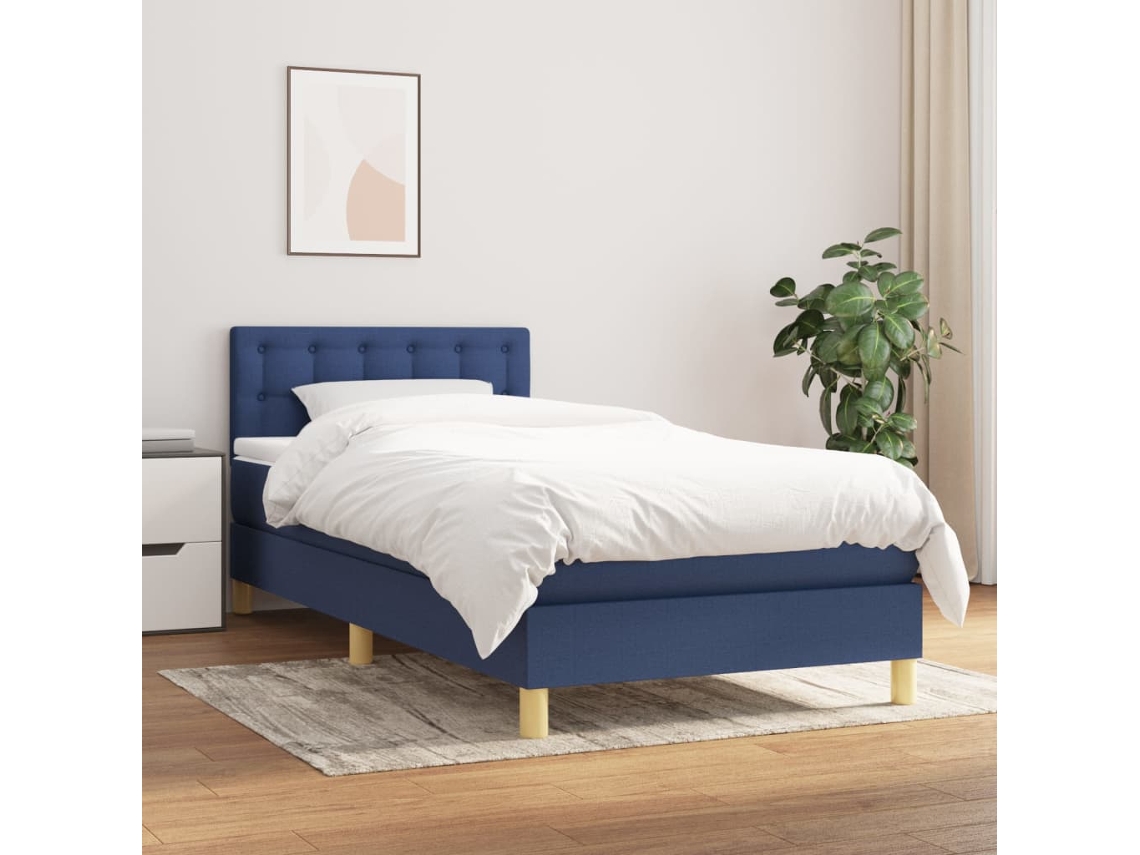 Cama Box Spring Con Colchón Tela Azul 100x200 Cm