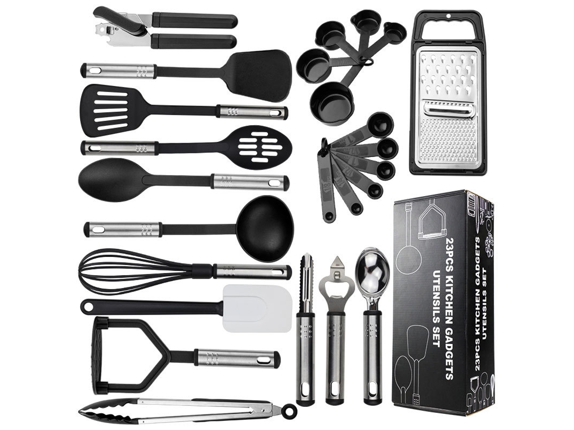 Juego de 25 utensilios de cocina fabricados en nailon y silicona.