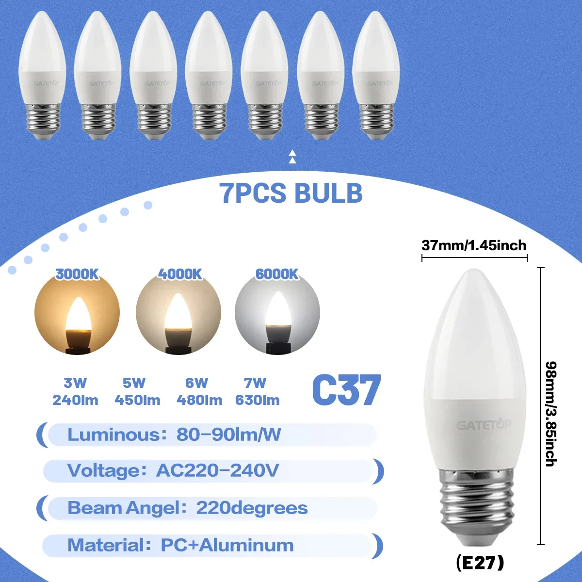 (7 Bombillas Led Tipo Vela, Luz Natural De 4000k) Casquillo E27, Apto Para Iluminación Doméstica.