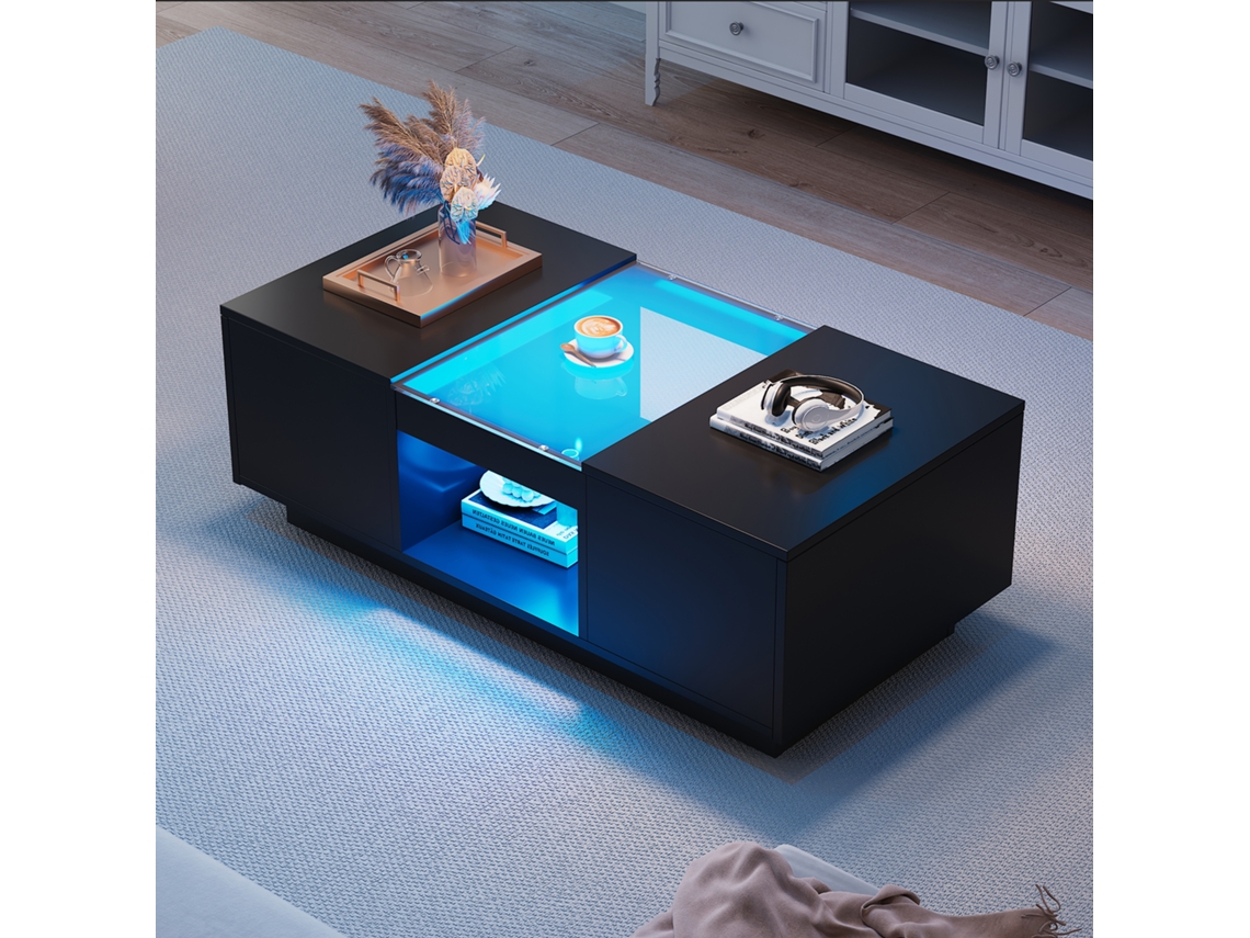 Mesa Centro Preta 100x50x35.5 Led Vidro 2 Gavetas Armazenamento App