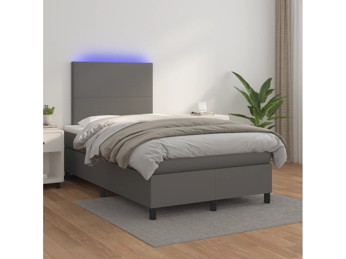 Cama Box Spring Colchón Y Led Cuero Sintético Gris 120x200 Cm