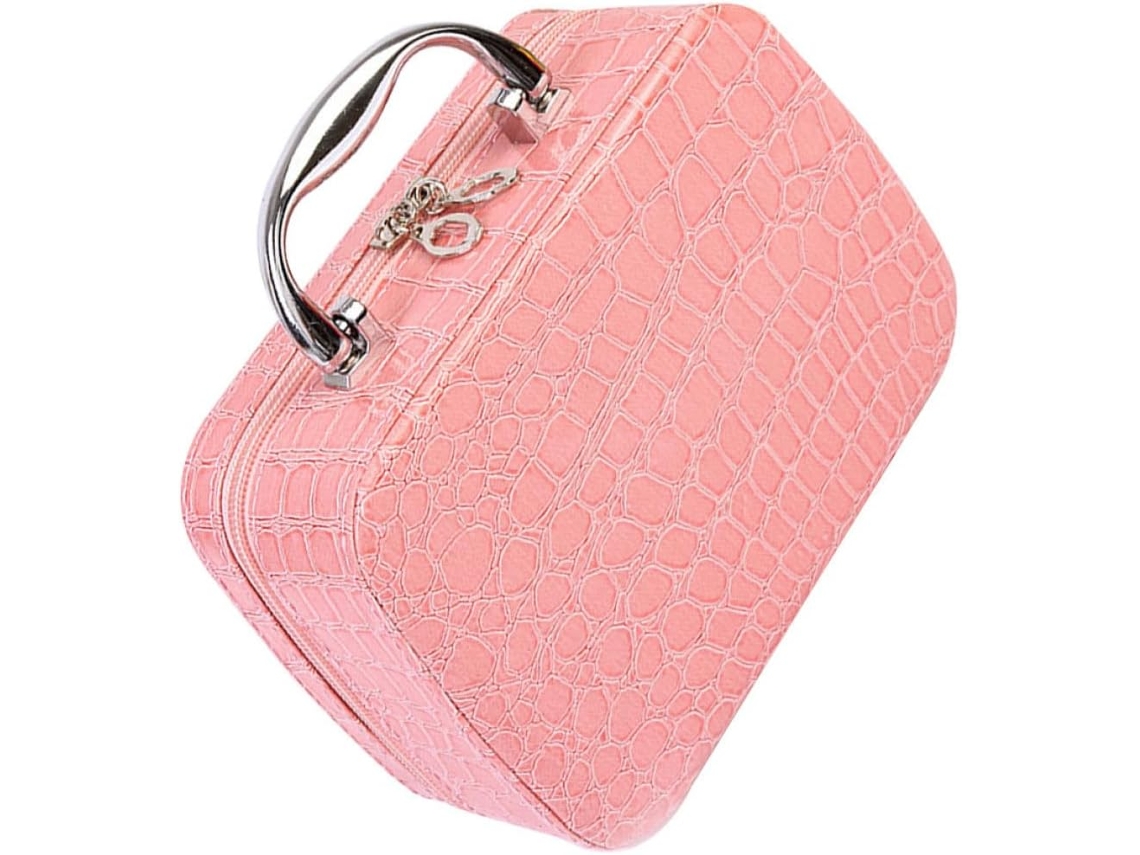 Neceser Rosa Con Espejo - Forma Cuadrada - Textura De Piedra - Neceser Portátil
