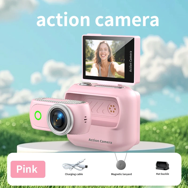(rosa, Sin Tarjeta Sd) Cámara De Acción Del Tamaño De Un Pulgar, Pantalla Lcd De 2 Pulgadas, Grabadora Magnética Portátil Desmontable.