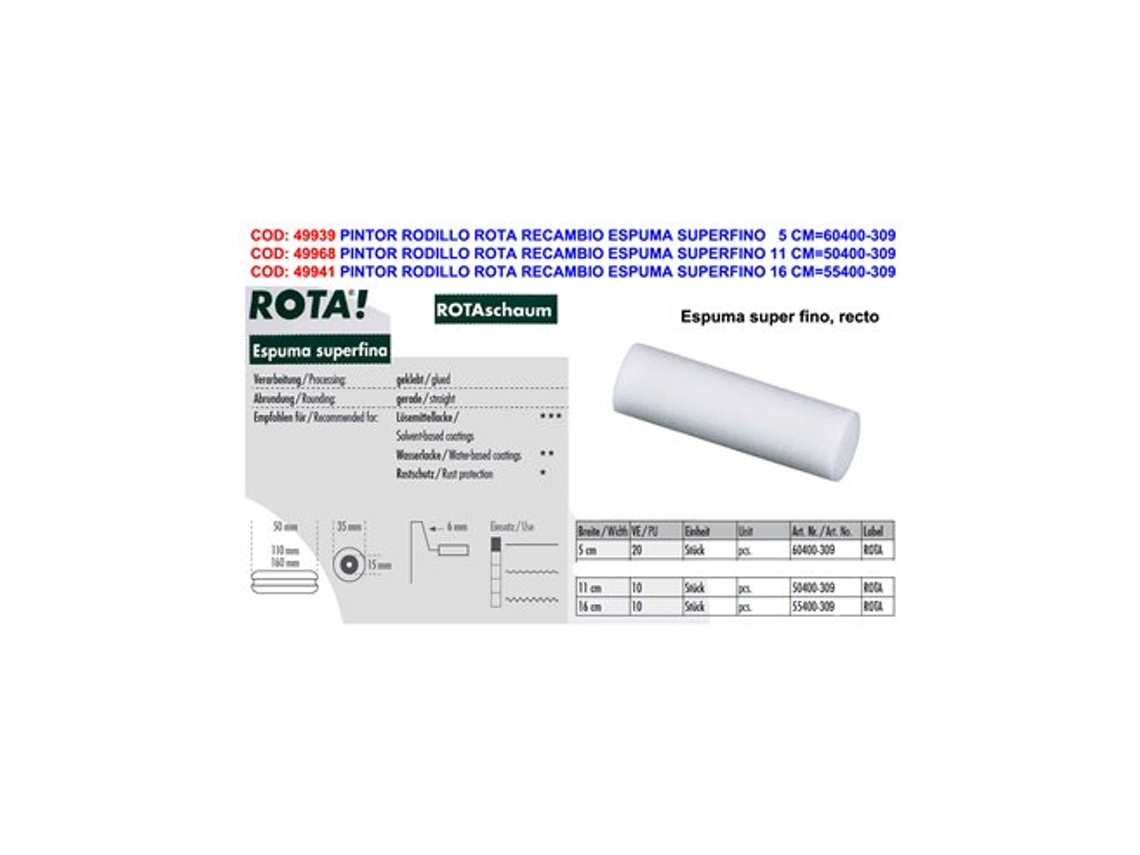 Rodillo de espuma de repuesto extrafino Rota Painters, 11 cm, 15 mm, paquete de 10