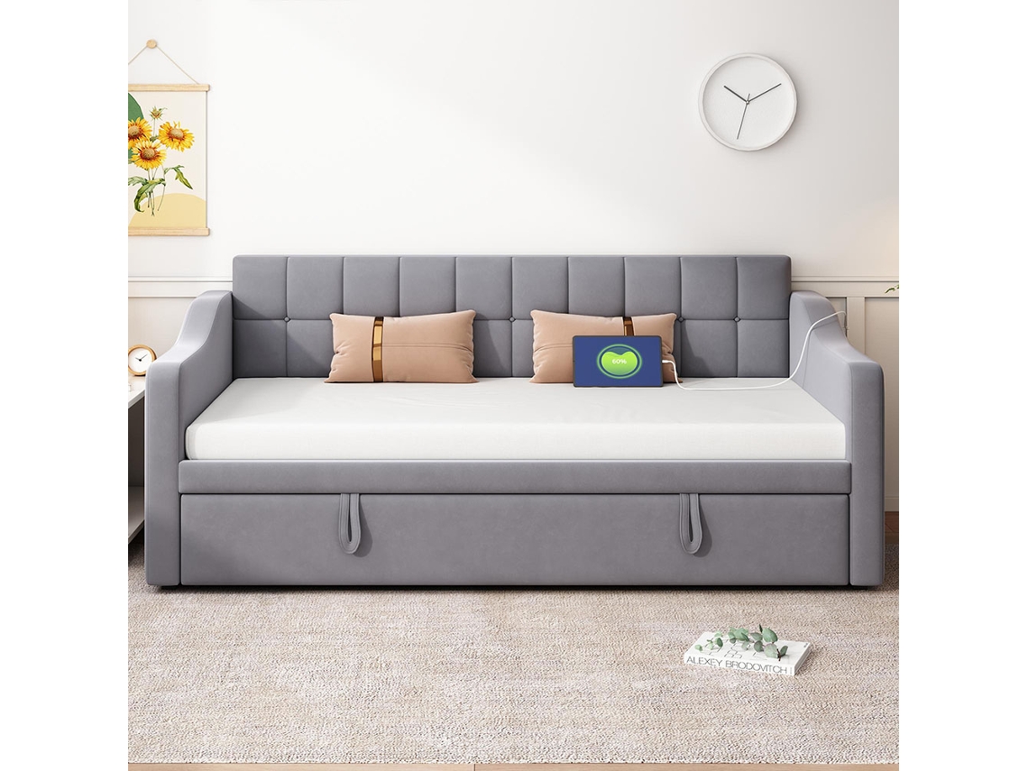 Sofá Cama Con Almacenamiento Daybed Tapizada Enchufe Gutent Madera Gris (90x190cm)