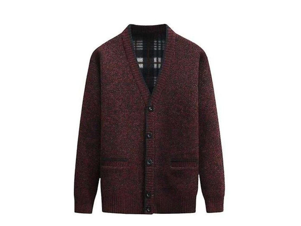 Jaqueta masculina de malha grossa e quente, gola V, manga comprida, tamanhos L-4XL, cor Vinho Tinto, modelo 2026.