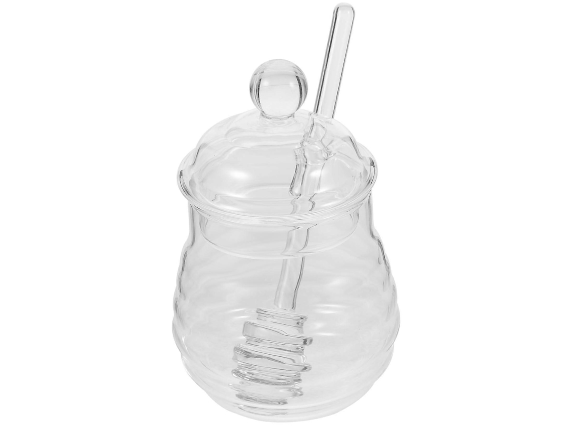 Tarro de cristal de 250 ml con tapa y cuchara espiral para miel, ideal para almacenar y servir miel en la cocina.