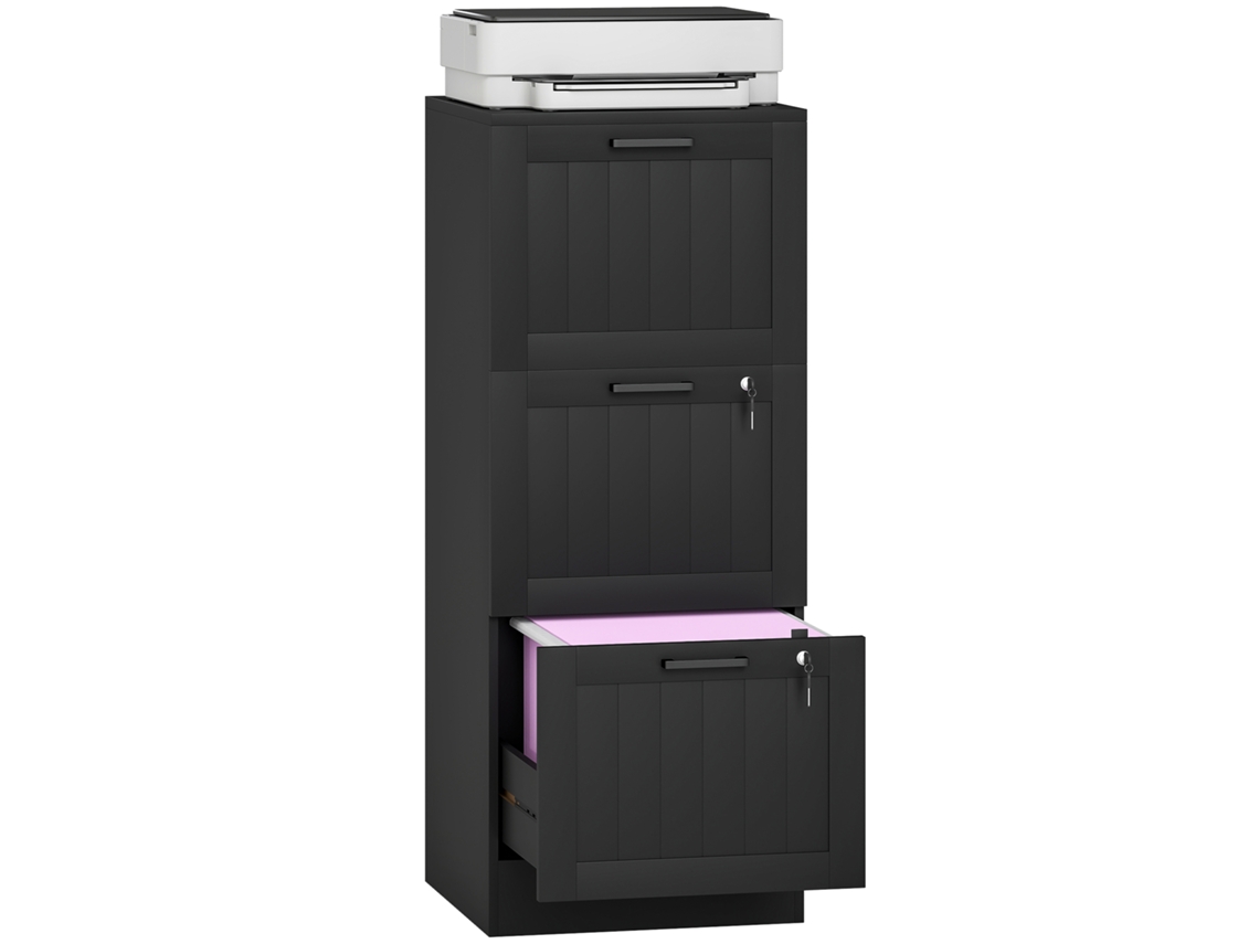 Armario de oficina, mueble de almacenamiento de madera con 3 cajones y cerradura, barras para colgar ajustables, 40 x 40 x 101 cm, negro.