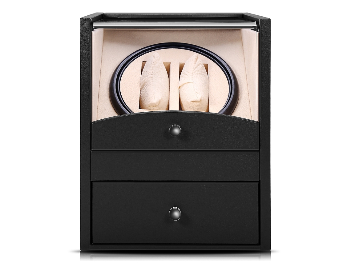 Caja expositora para dos relojes con mecanismo automático enrollable.