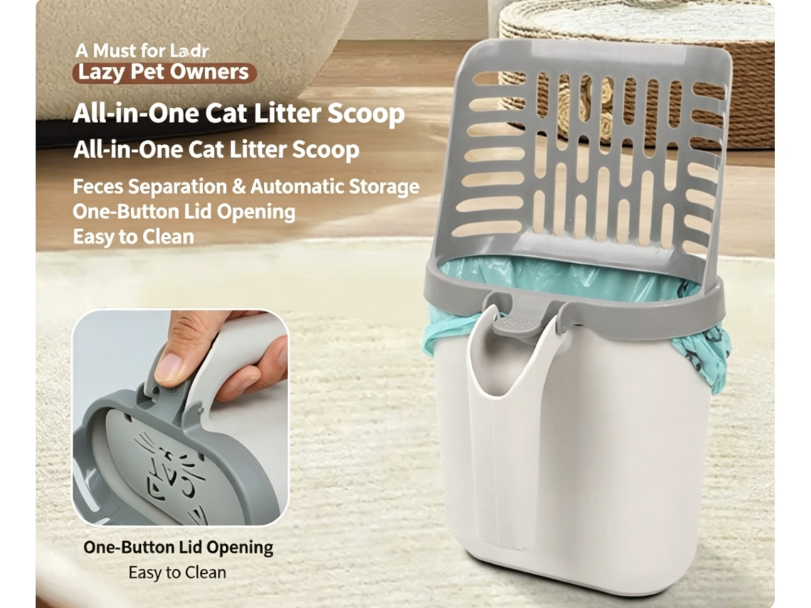 Pala De Arena Para Gatos Integrada Con Protector Anti-salpicaduras Y 2 Rollos De Bolsas De Basura Para Higiene Mascota