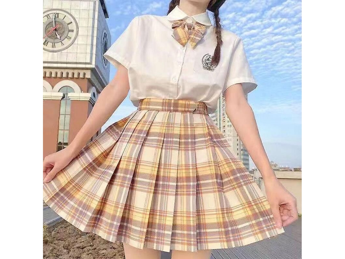 Falda plisada Rebe, estilo uniforme escolar japonés para niñas, cintura alta, corte en línea A, estampado a cuadros, mangas cortas/largas, Nowcos XL Kerria Japonica