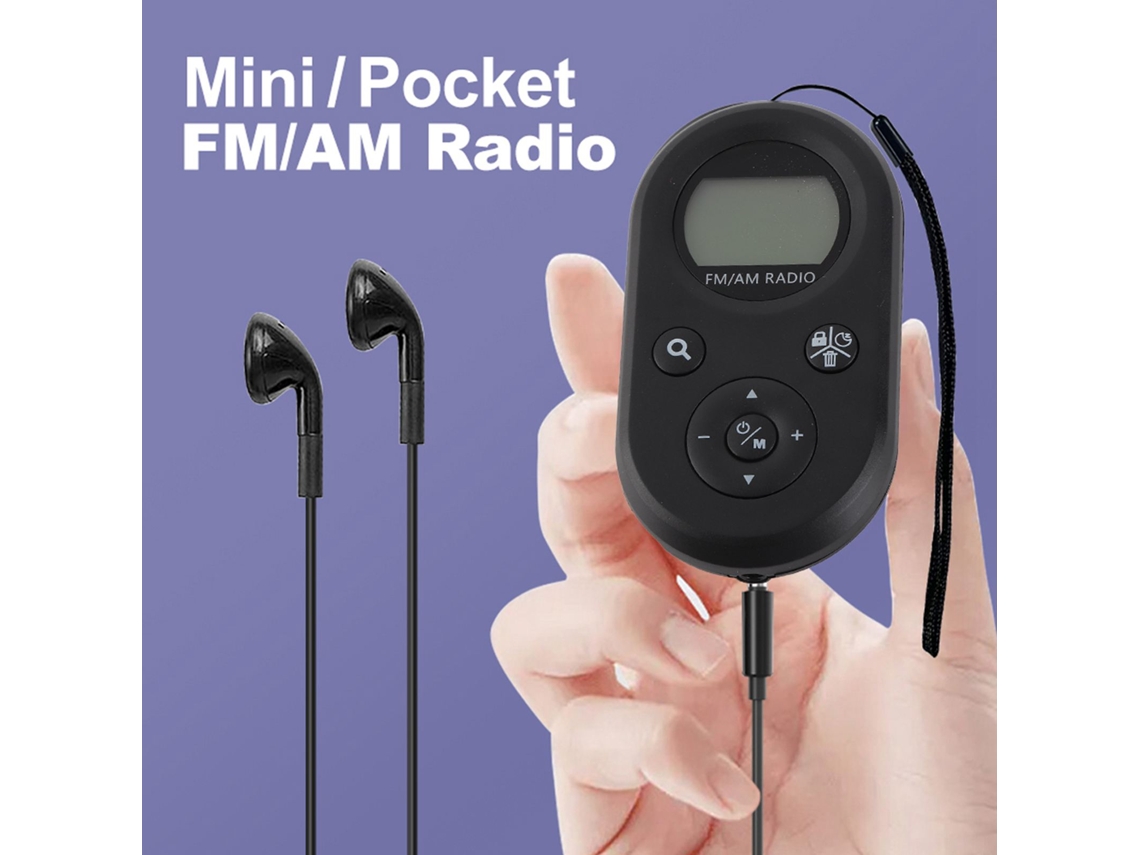 Radio de bolsillo negra 2026 con retroiluminación, pantalla LCD, recargable, 500 mAh, radio AM/FM portátil.