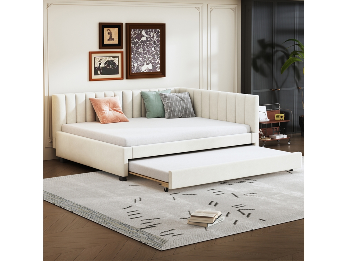 Sofá Cama Tapizado De 140x200 Mm Con Lamas De Terciopelo Beige.