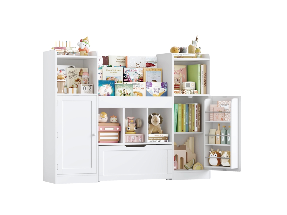 Mueble de almacenamiento de juguetes, amplio espacio de almacenamiento, diseño seguro, blanco.
