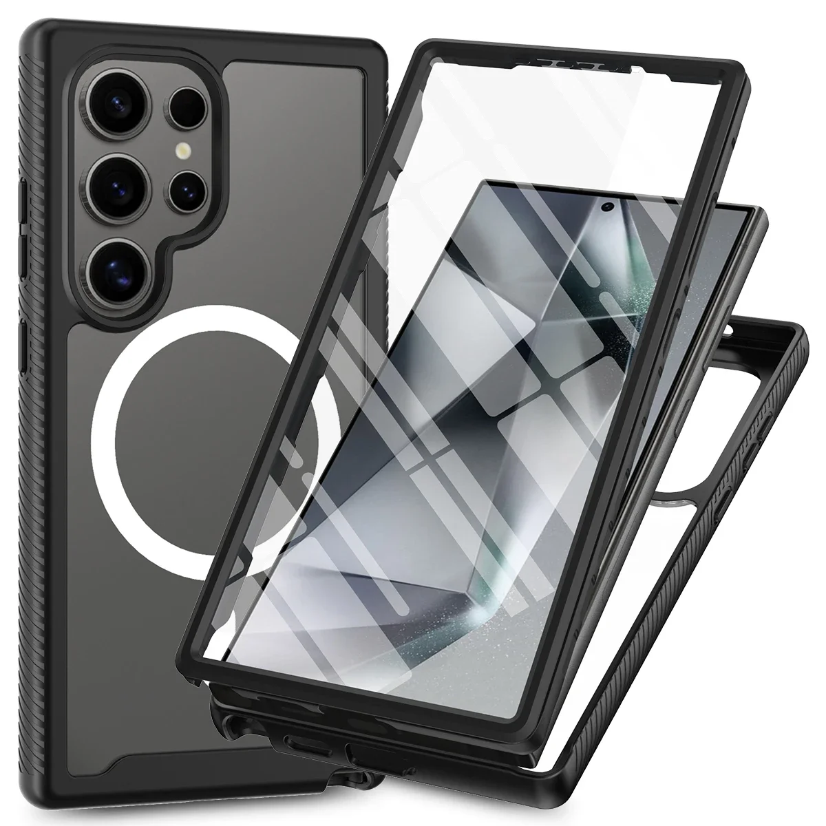 (negro, Galaxy S23) Funda Protectora Transparente De 360° A Prueba De Golpes, Compatible Con Carga Magnética, Incluye Protector De Pantalla.