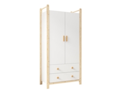 Armario de 90x45x180 cm - 2 puertas, con barra para colgar ropa y 2 cajones, para dormitorio y salón - Blanco+Natural