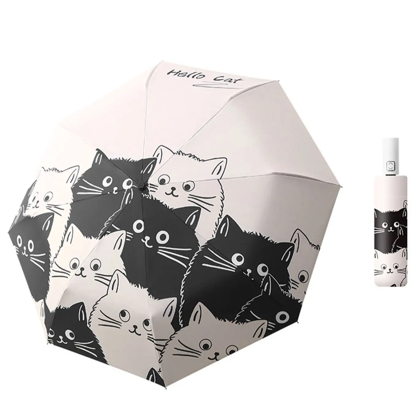 Paraguas Plegable Triple Con Diseño De Gato, Con Protección Solar Automática Y Revestimiento Negro.