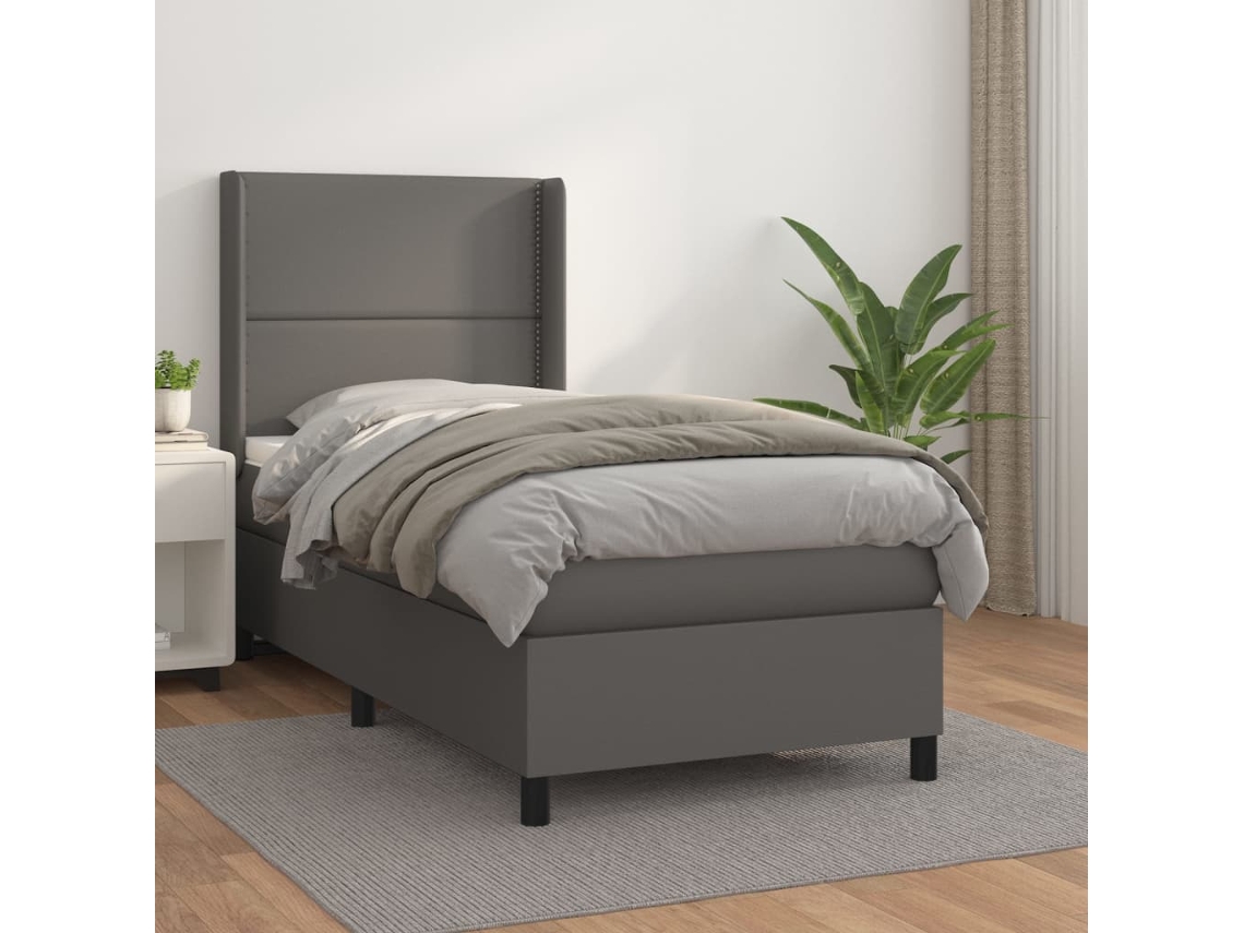 Cama Box Spring Con Colchón Cuero Sintético Gris 100x200 Cm