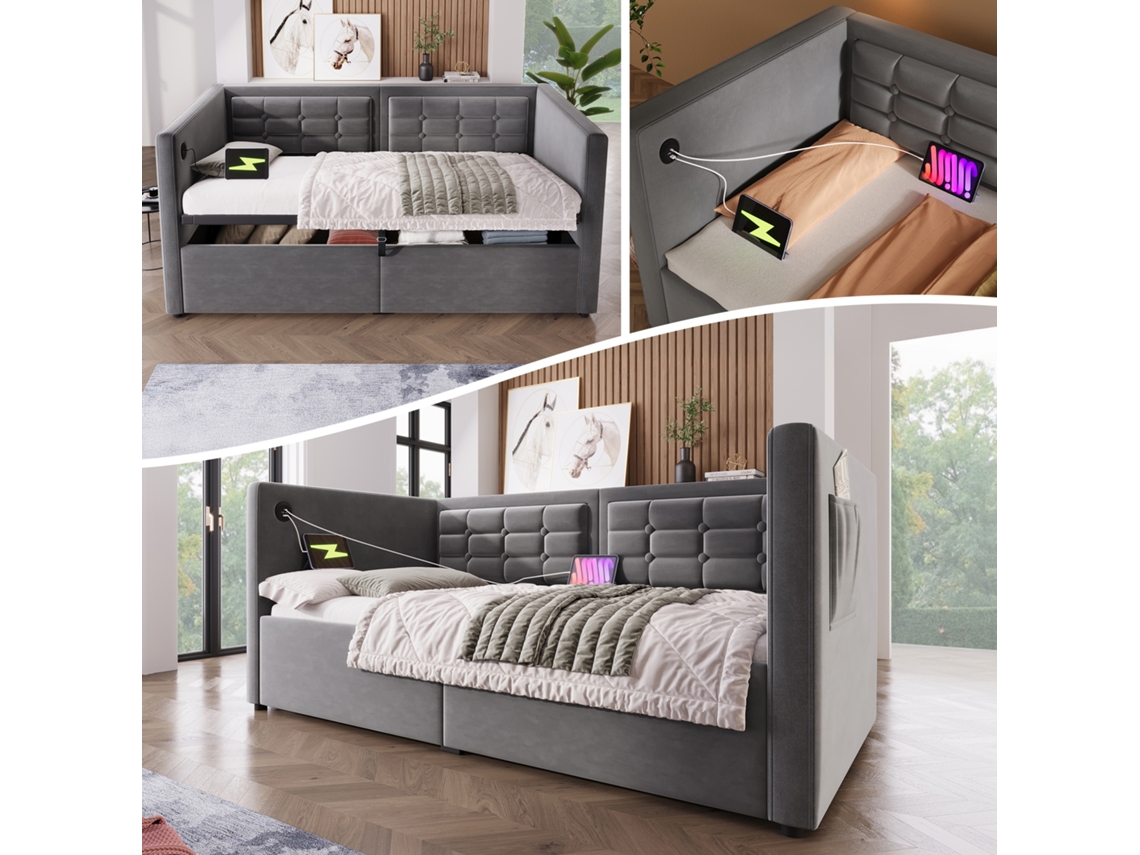 Sofá Cama De 90x200 Cm, Terciopelo Gris, Usb-c, Almacenamiento Hidráulico
