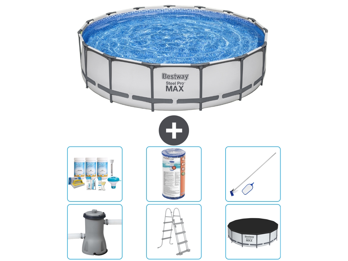 Piscina BESTWAY Round Steel Pro MAX - 457 x 107 cm - Gris - Incluida bomba - Escalera - Cobertor Paquete de mantenimiento - Filtrar - kit de limpieza