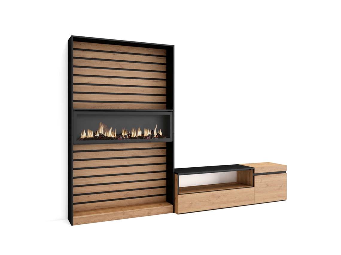 Muebles de Salón para TV 260x186x35cm Para TV hasta 65 Chimenea eléctrica Roble y negro