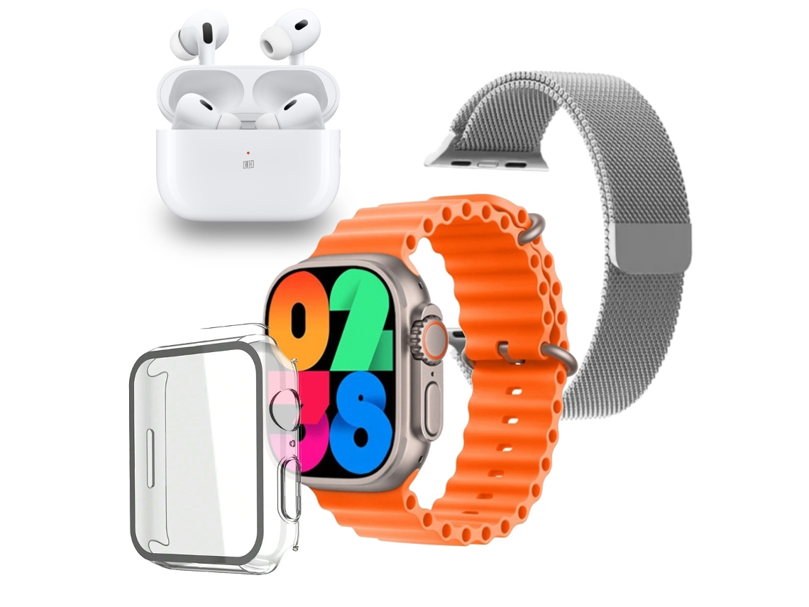 Smartwatch y Auriculares Bluetooth Pack KLACK Ultra 9.0 con Auriculares PRO, Correa metálica extra y carcasa protectora - Naranja