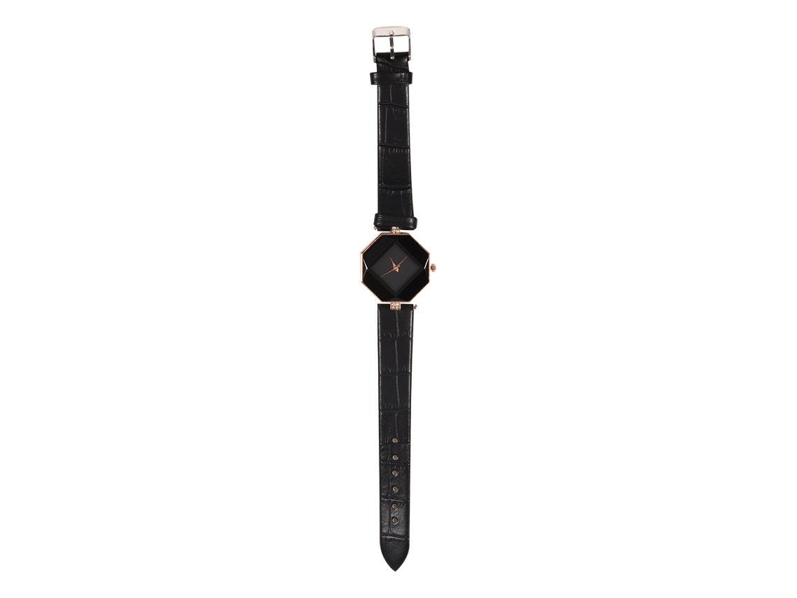 Reloj Analógico De Cuarzo Para Mujer Con Esfera Romboidal Y Diamantes De Imitación En Piel Sintética Negra.