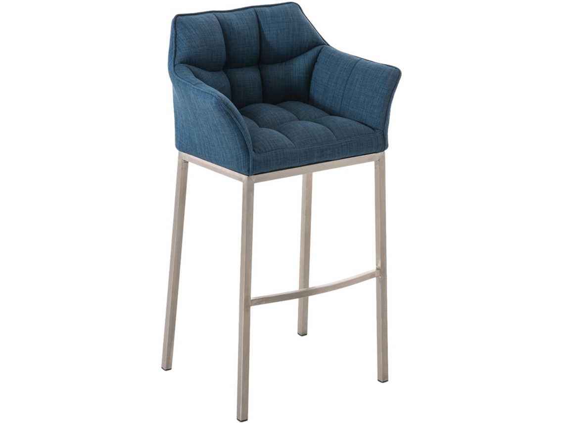Taburete de bar en tejido damasco con estructura de 4 patas color azul/acero inoxidable Clp