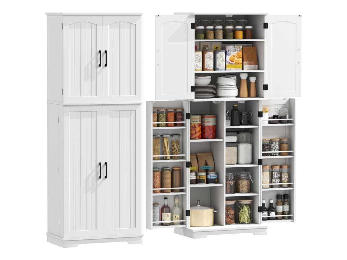 Aparador Alto De Cocina, Mueble De Cocina, 4 Puertas, 10 Nichos, 8 Especieros Y Estantes Ajustables, 60x35x162cm, Blanco
