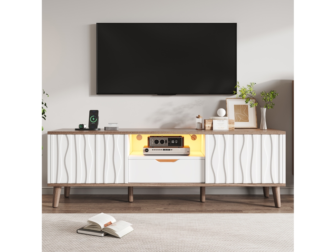 Mueble Tv Led 160x40x52 Cm - Almacenaje, Puerta Corredera, Tv Hasta 70'', Moderno - Blanco Y Nogal Oscuro