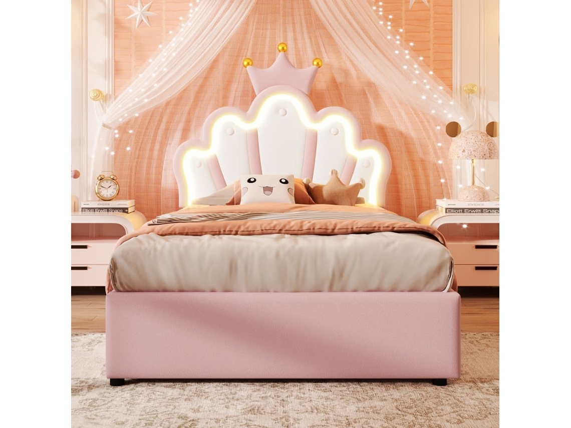 Cama Tapizada 90x200 Cm - Sin Colchón, Luz Led, Mecanismo Hidráulico, Cama Princesa Con Forma De Corona, Cabecero Ajustable, Pu - Rosa