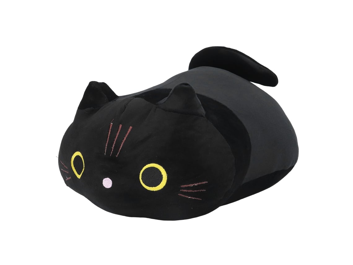 Almofada de pelúcia Bj-Plush com gatinho preto de desenho animado, olhos redondos e expressão fofa, para decoração de casa.