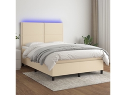 Cama Box Spring Colchón Y Luces Led Tela Crema 140x190 Cm