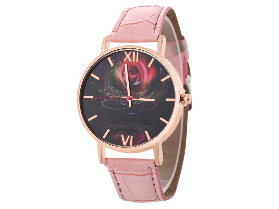 Unisex Pulsera Pu Reloj De Cuero Moda Cuarzo Hombre Mujer Rosa
