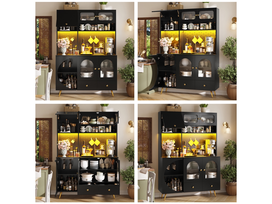 Aparador Alto Led - Armario Cocina Con Usb, Enchufes, Estantes De Vidrio Y Panel Perforado - Negro