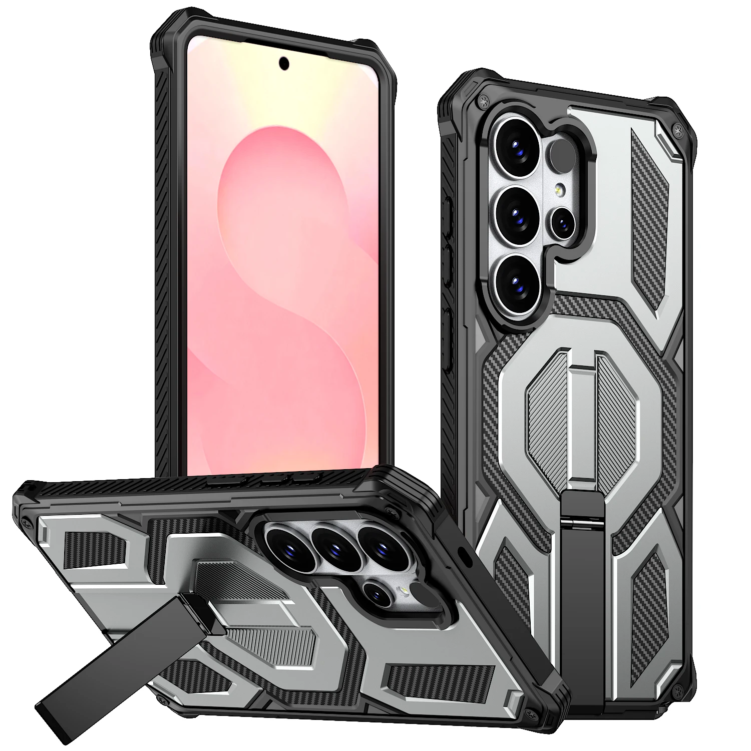 (gris, Galaxy S25 Ultra) Funda Para Teléfono Con Soporte Magnético De Metal Y Función De Carga Inalámbrica.