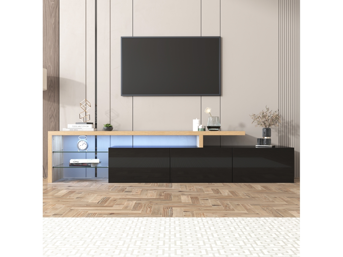 Mueble Para Tv Con 3 Cajones Y 2 Nichos Abiertos, Diseño Moderno Color Block, Blanco Y Negro Brillante, 190x40x42 Cm