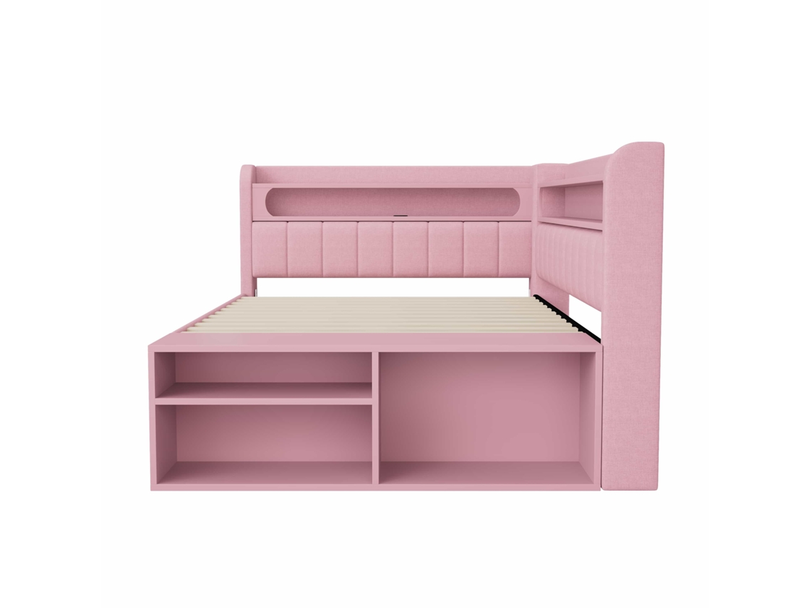 Sofá Cama Tapizado 90x200 Cm - Puerto Usb, Tira De Luz Led, Zapatero Incluido, Dos Cajones - Rosa