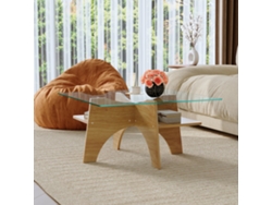 Mesa Auxiliar Cuadrada 80 Cm – Vidrio Templado, Patas Mdf Efecto Madera Clara – Transparente Y Madera
